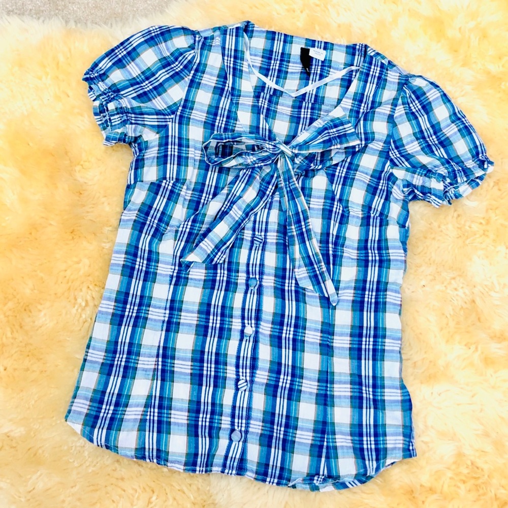 H&M blue gingham button up bow shirt blouse top